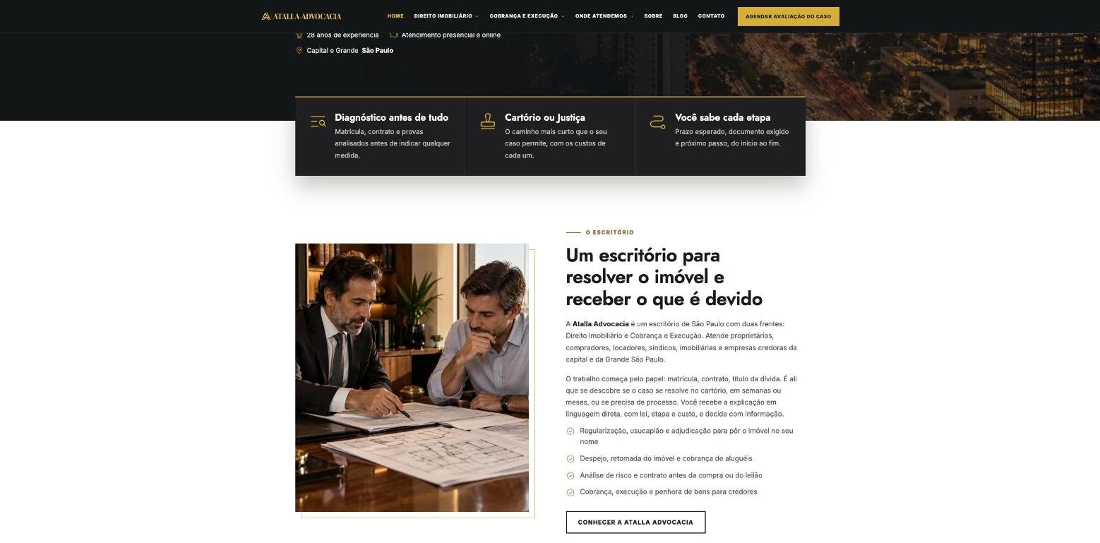 Seção sobre o escritório no site da Atalla Advocacia