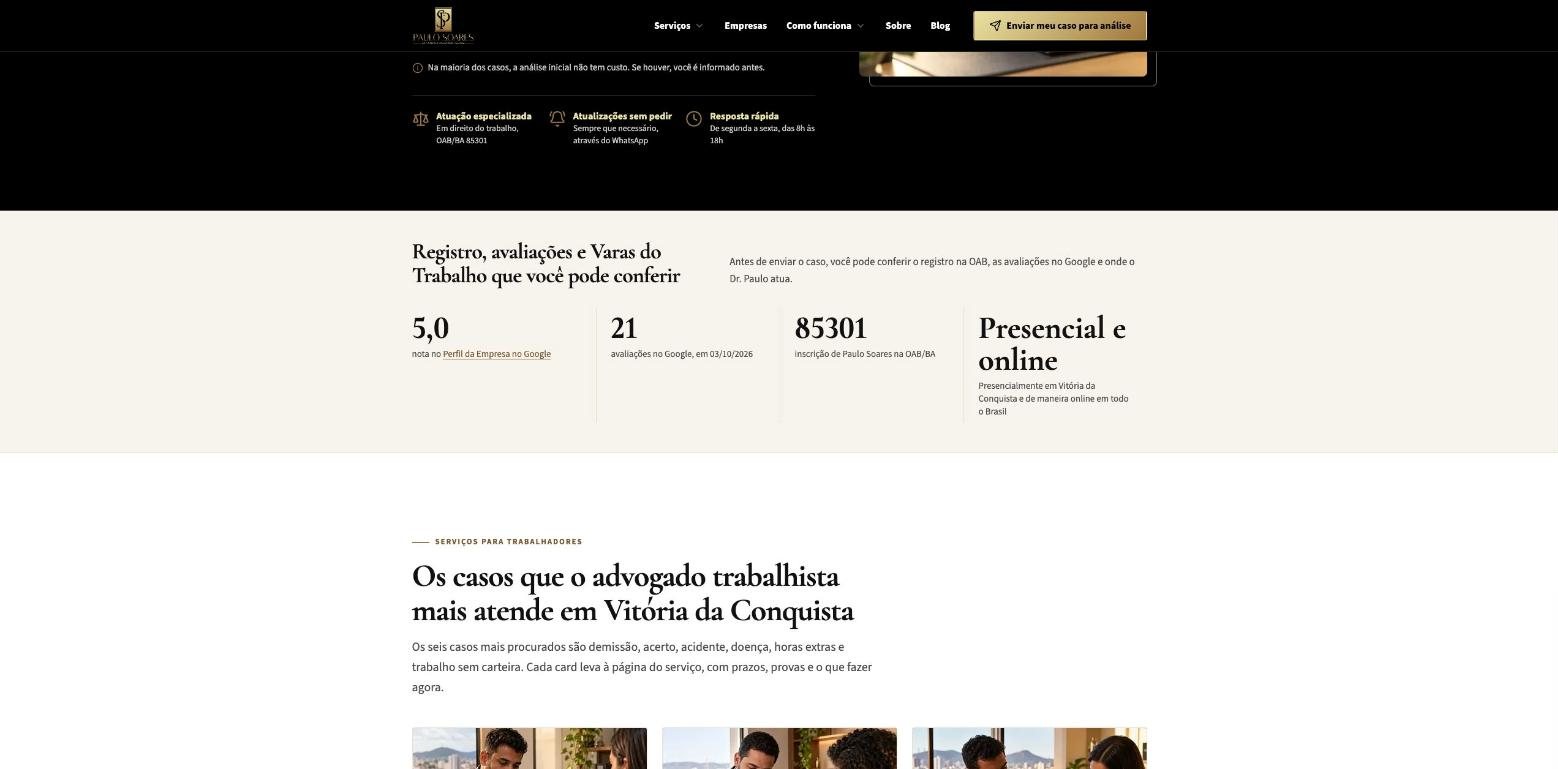 Seção com nota no Google, avaliações e registro na OAB